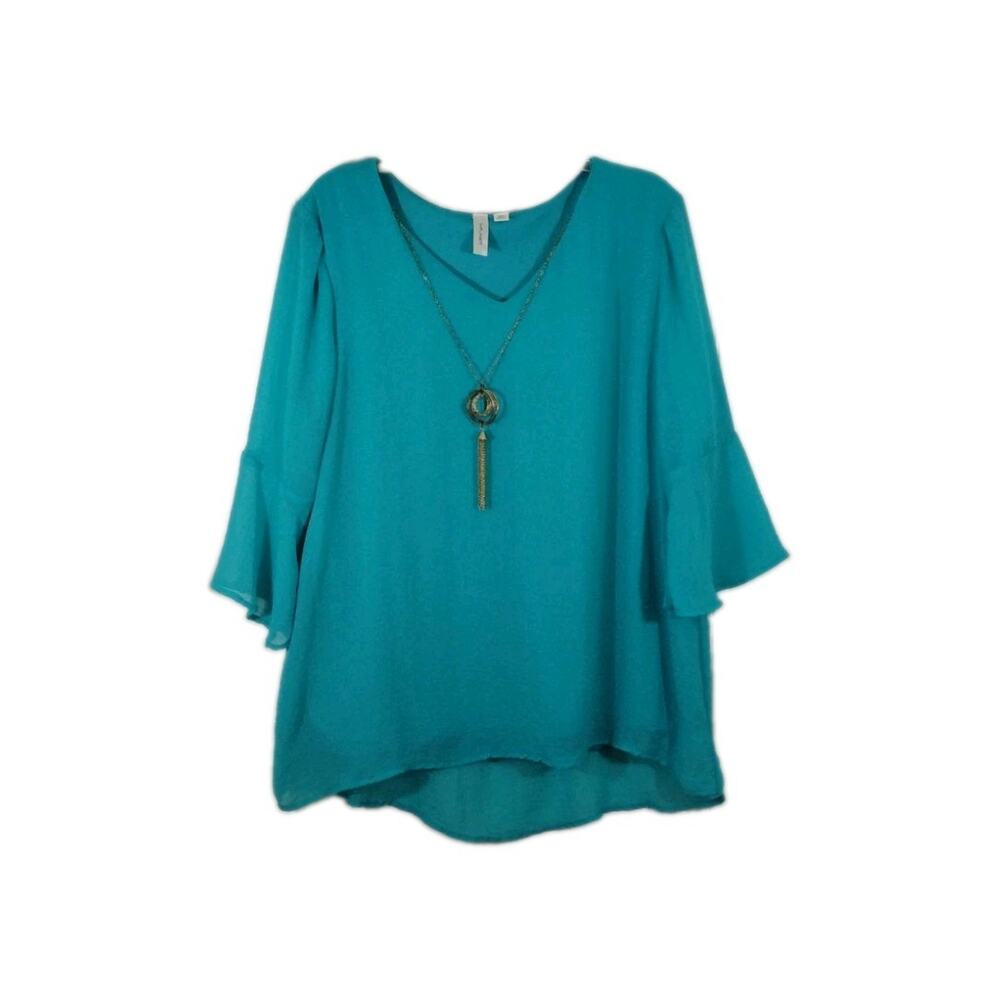 Tacera Women's XL Turquoise Top Pullover 3/4 Sleeve V Neck Necklace